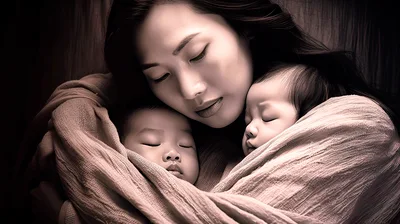 Mother Holding Two Sleeping Newborn Babies