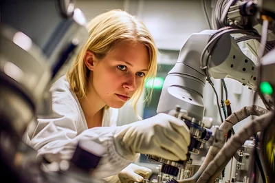 Female Scientist Operating Advanced Laboratory Robotic Equipment