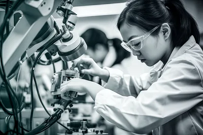 Female Technician Operating Precision Laboratory Equipment