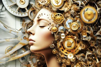 Surreal Portrait Of A Woman With Mechanical Clockwork Hair