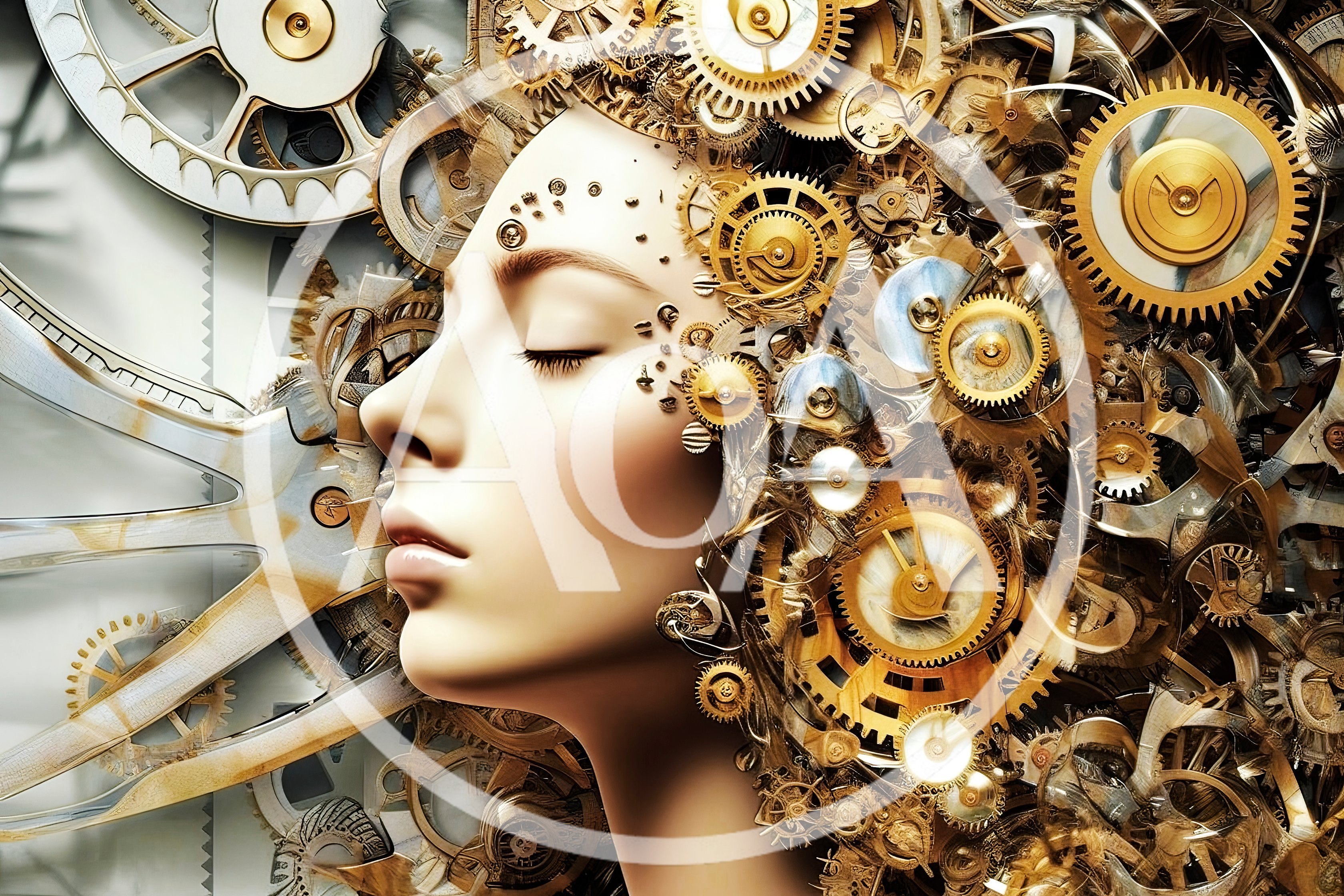 Surreal Portrait Of A Woman With Mechanical Clockwork Hair
