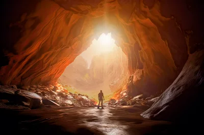 Person Standing At The Entrance Of A Glowing Cave