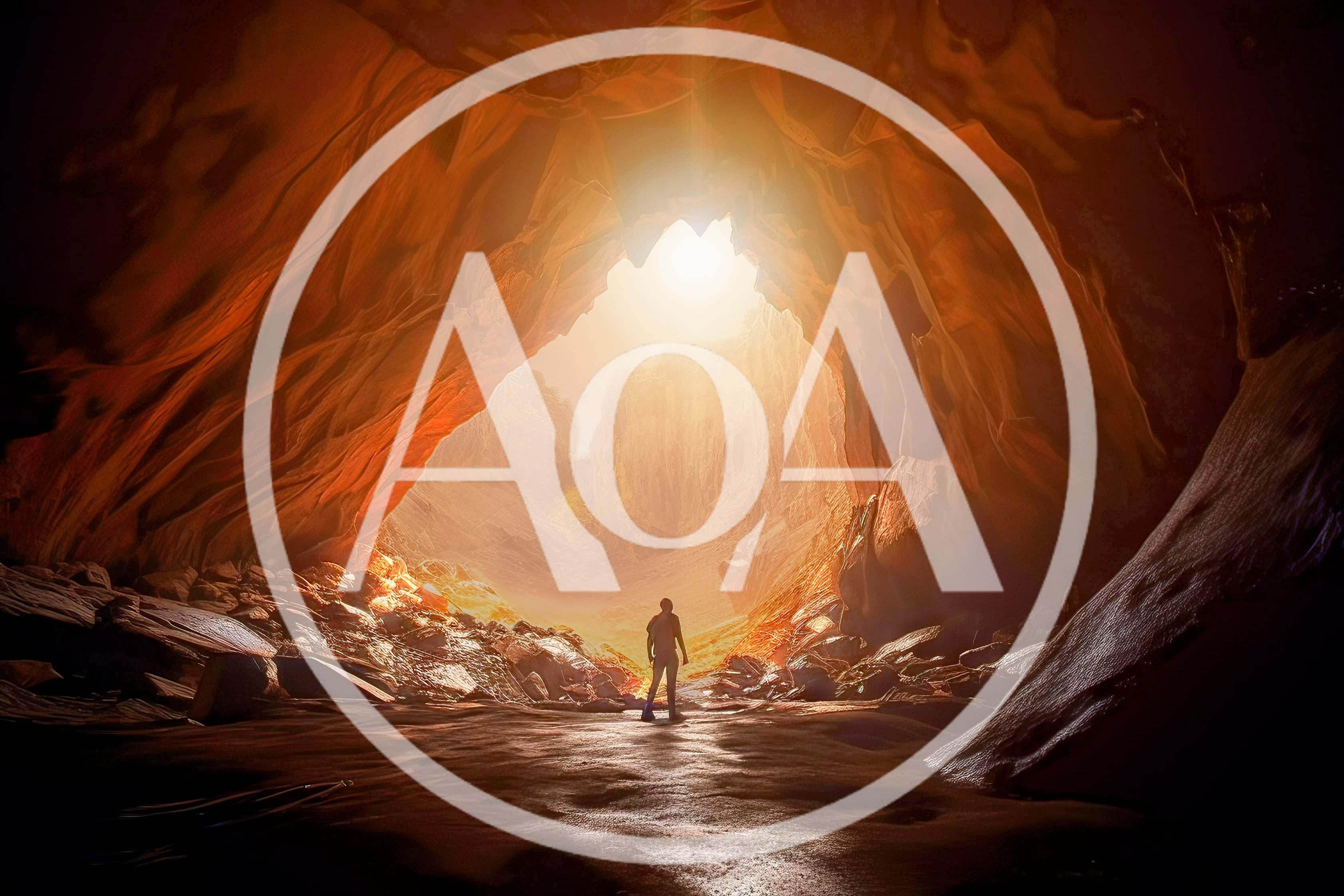 Person Standing At The Entrance Of A Glowing Cave