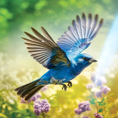 Vibrant Indigo Bunting Flying Over A Sunny Garden