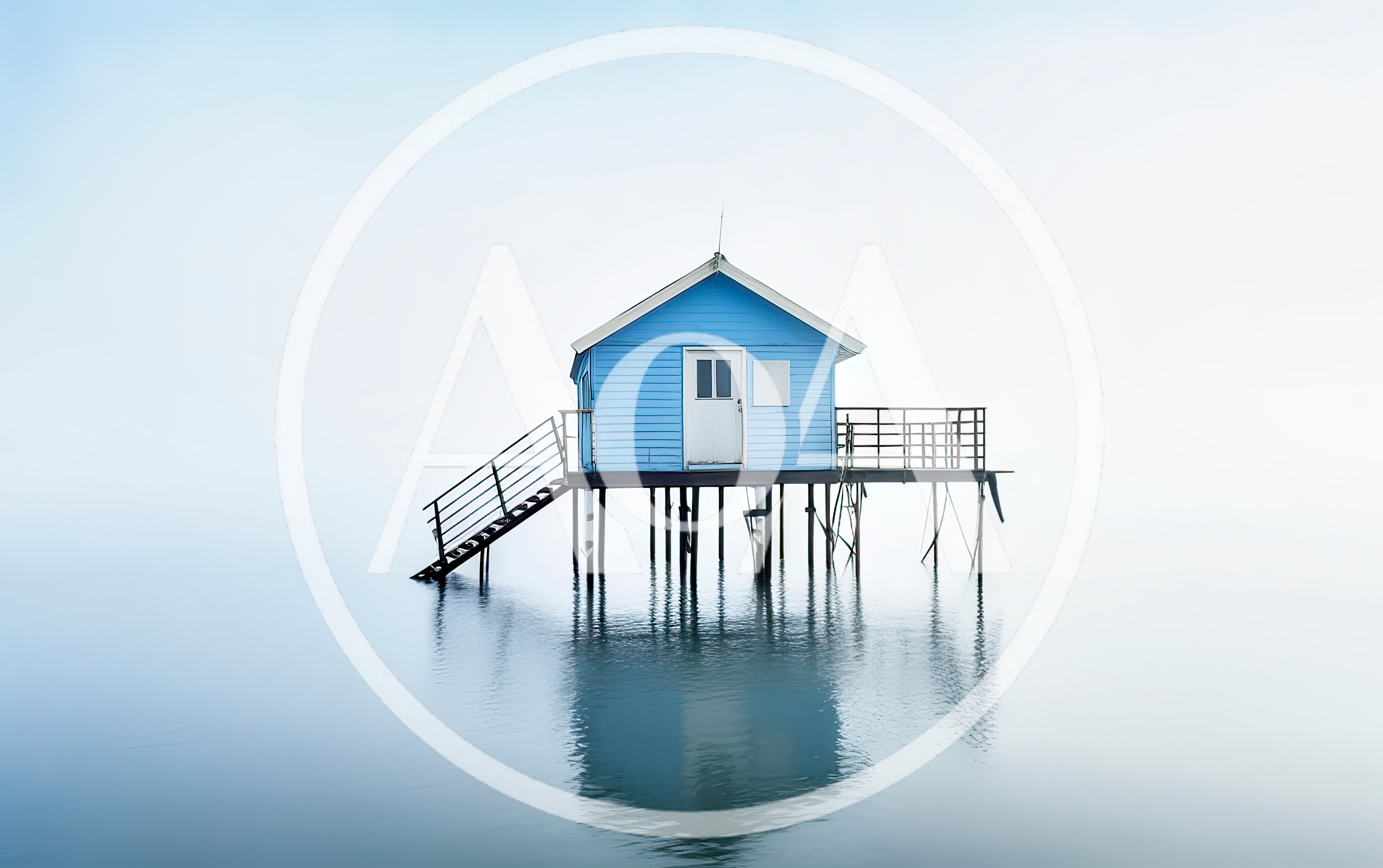 Blue Stilt House Standing Above Calm Water