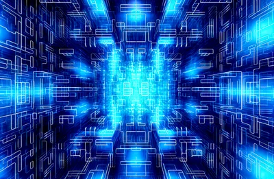 Abstract Digital Cybernetic Tunnel With Glowing Blue Circuitry