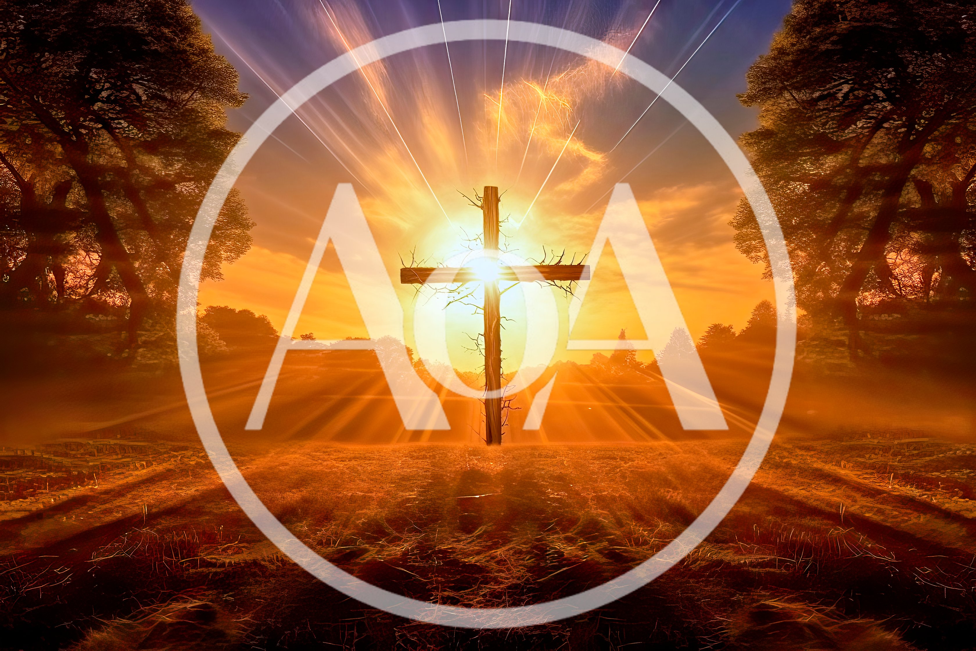 Wooden Cross Standing In A Radiant Golden Sunset