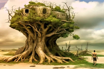 Man Walking Toward A Giant Treehouse In A Desert