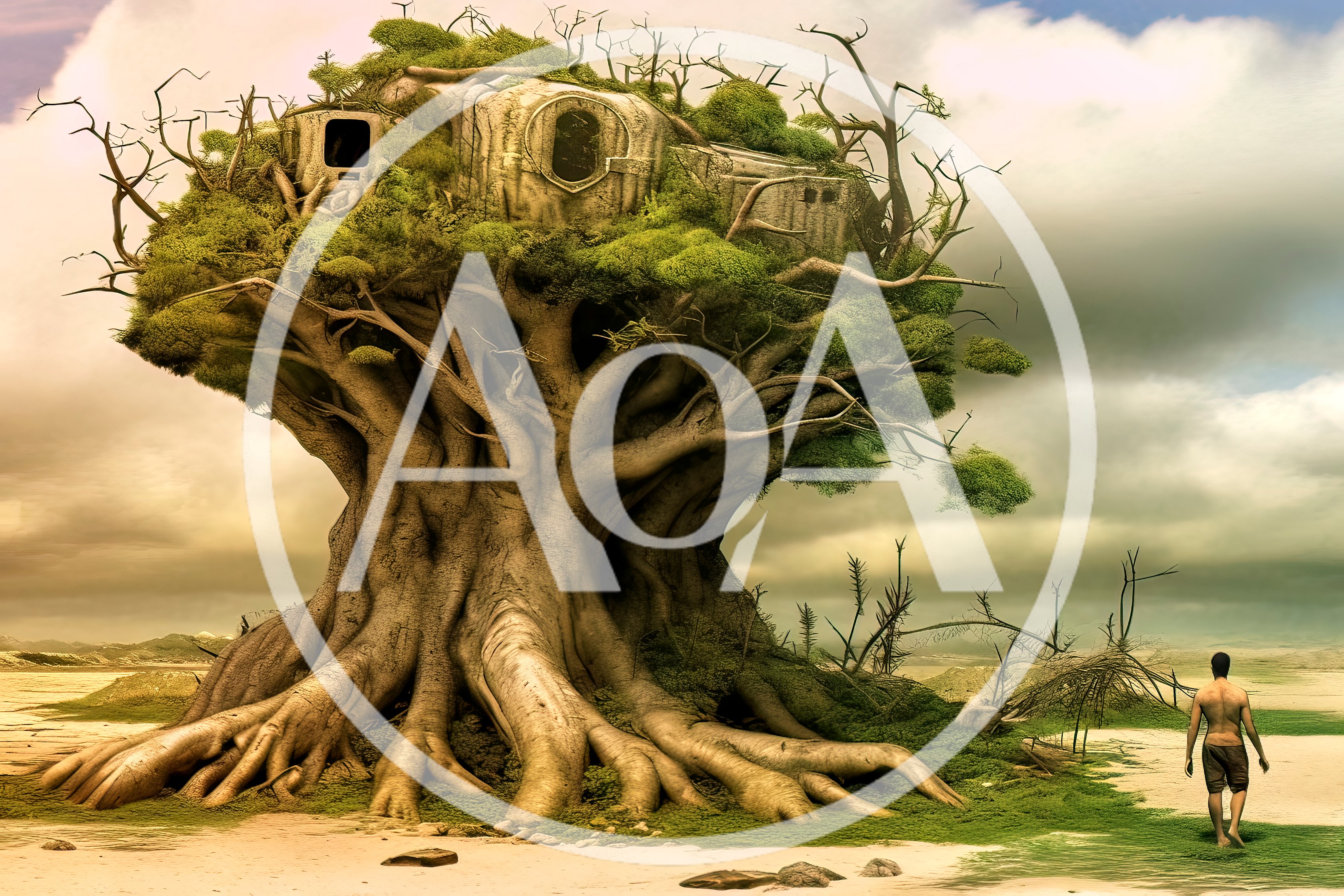 Man Walking Toward A Giant Treehouse In A Desert