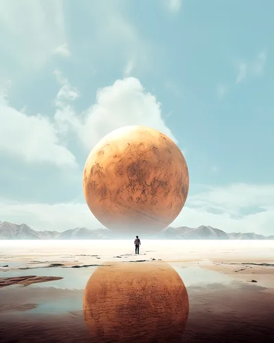 Surreal Landscape With A Giant Planet And Lone Traveler