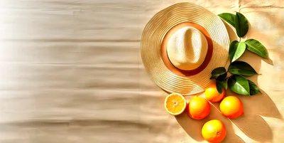 Straw Hat And Fresh Oranges On Wooden Surface