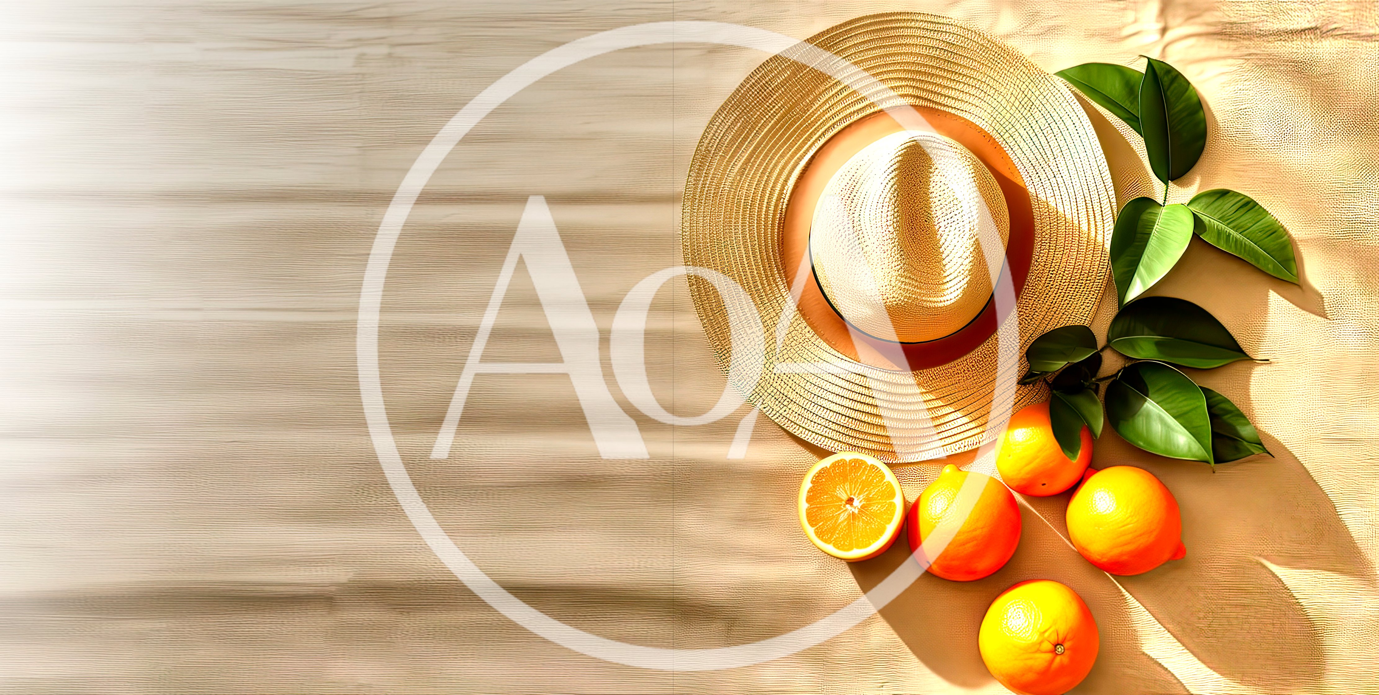 Straw Hat And Fresh Oranges On Wooden Surface