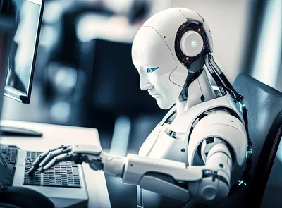 Humanoid Robot Working On A Computer In An Office
