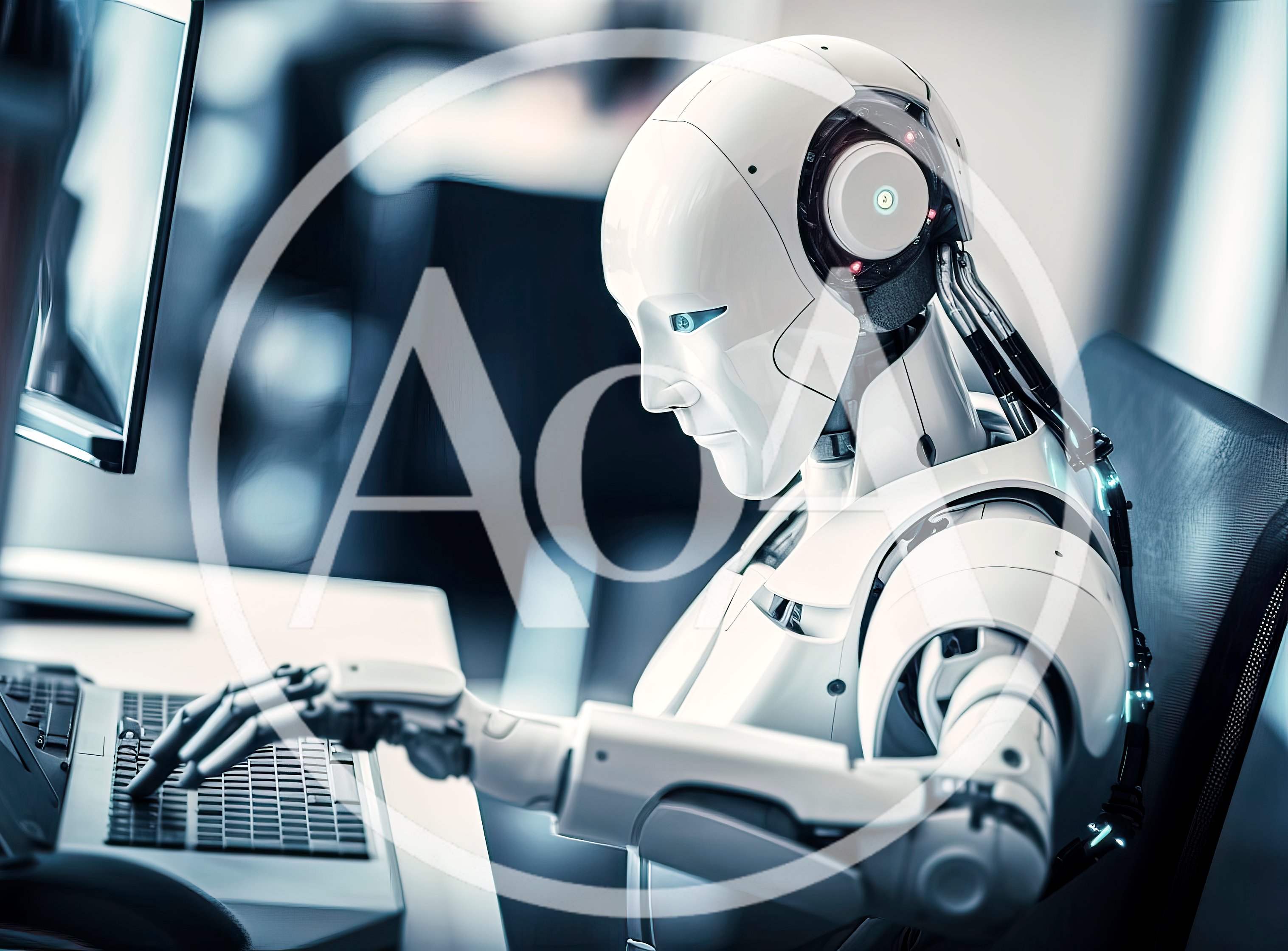 Humanoid Robot Working On A Computer In An Office