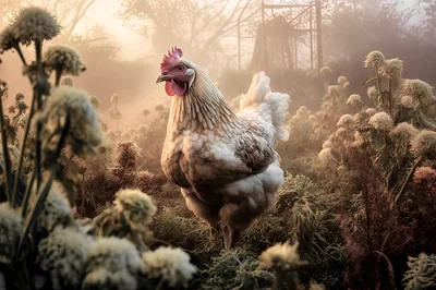 White Chicken Standing In A Misty Garden