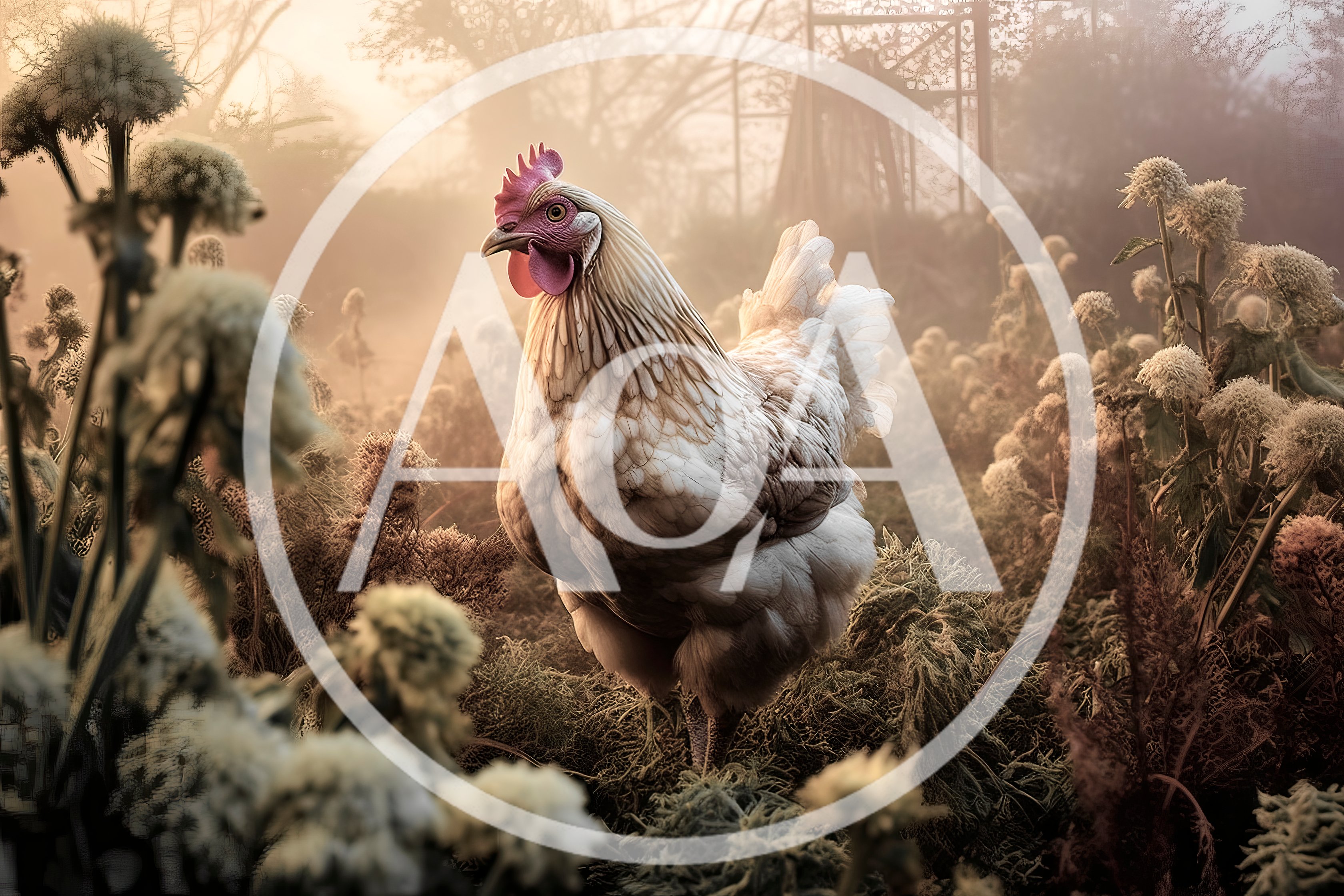 White Chicken Standing In A Misty Garden
