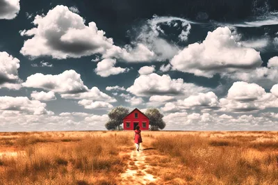 Woman In Red Dress Walking Toward A Red House
