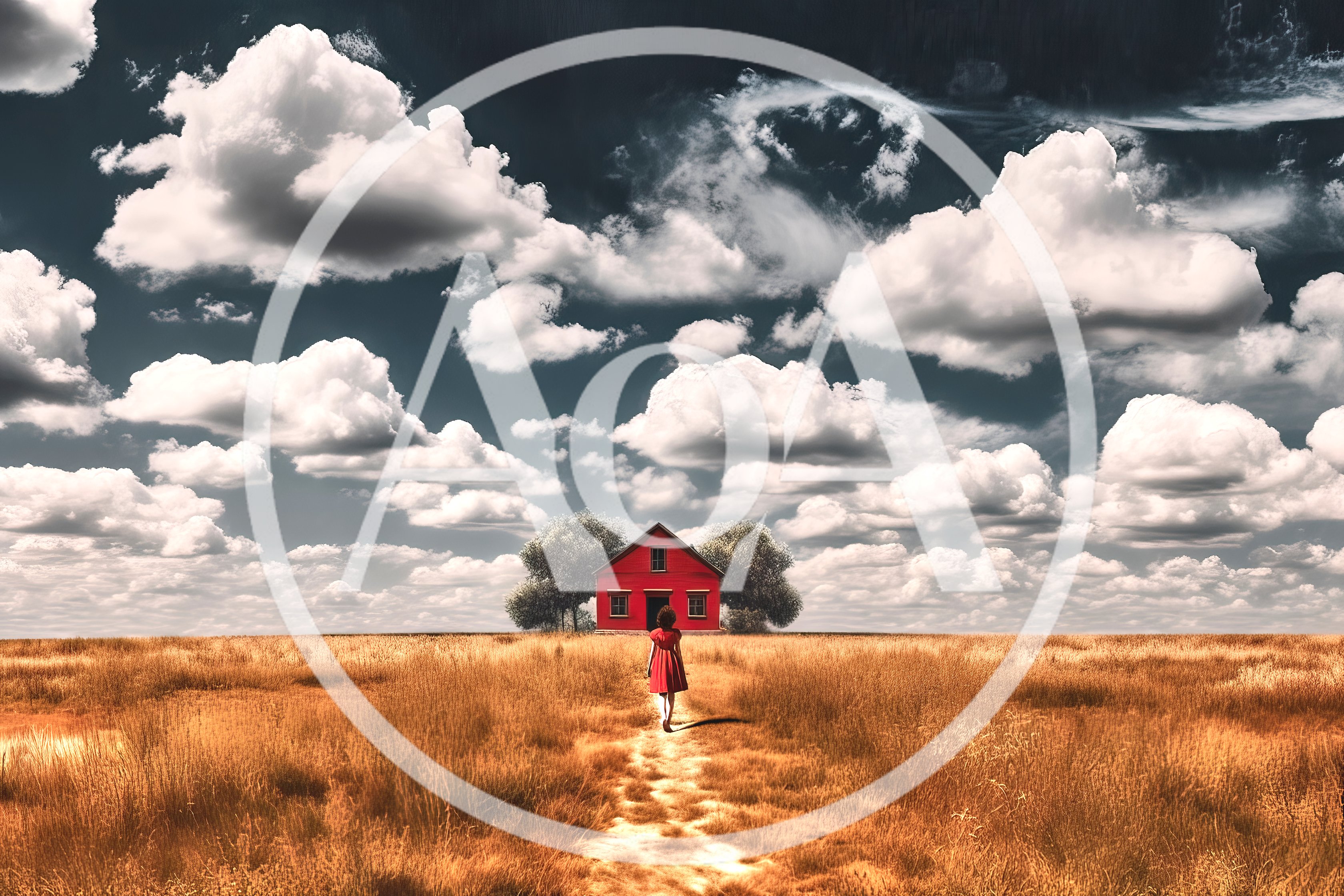 Woman In Red Dress Walking Toward A Red House