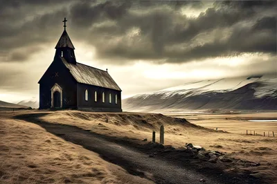 Dark Wooden Church In A Vast Icelandic Landscape
