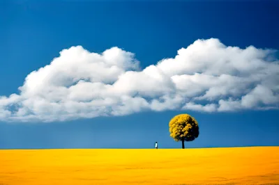 Lone Person Standing Beside A Single Tree In A Golden Field