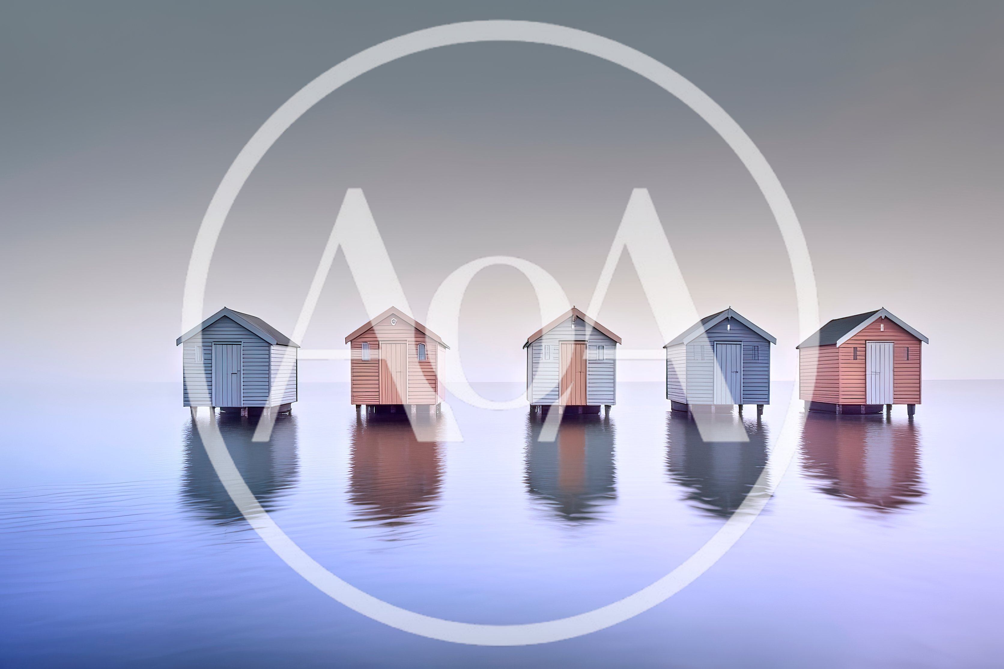 Five Colorful Beach Huts Standing Over Calm Water