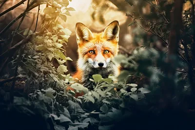 Red Fox Peering Through Lush Forest Foliage