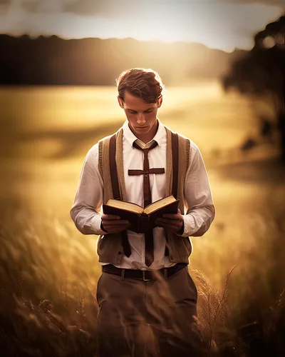 Young Man Reading A Book In A Golden Field