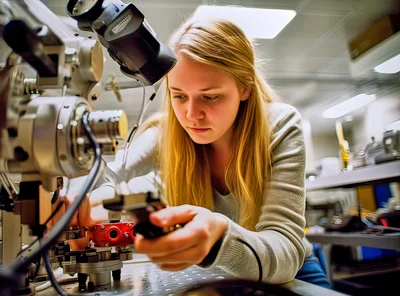 Young Female Scientist Adjusting Precision Laboratory Equipment