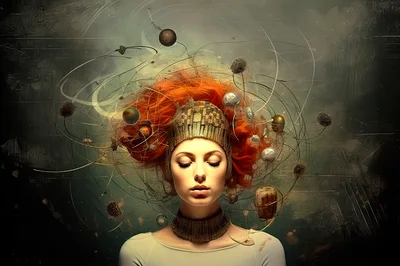 Surreal Portrait Of Woman With Abstract Cosmic Hair