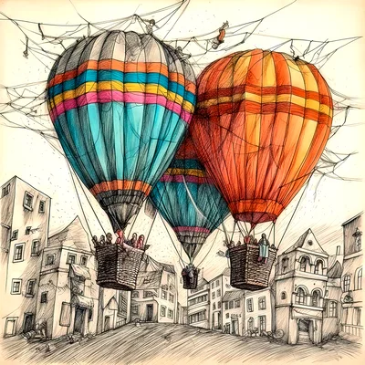 Three Hot Air Balloons Floating Over A European Town