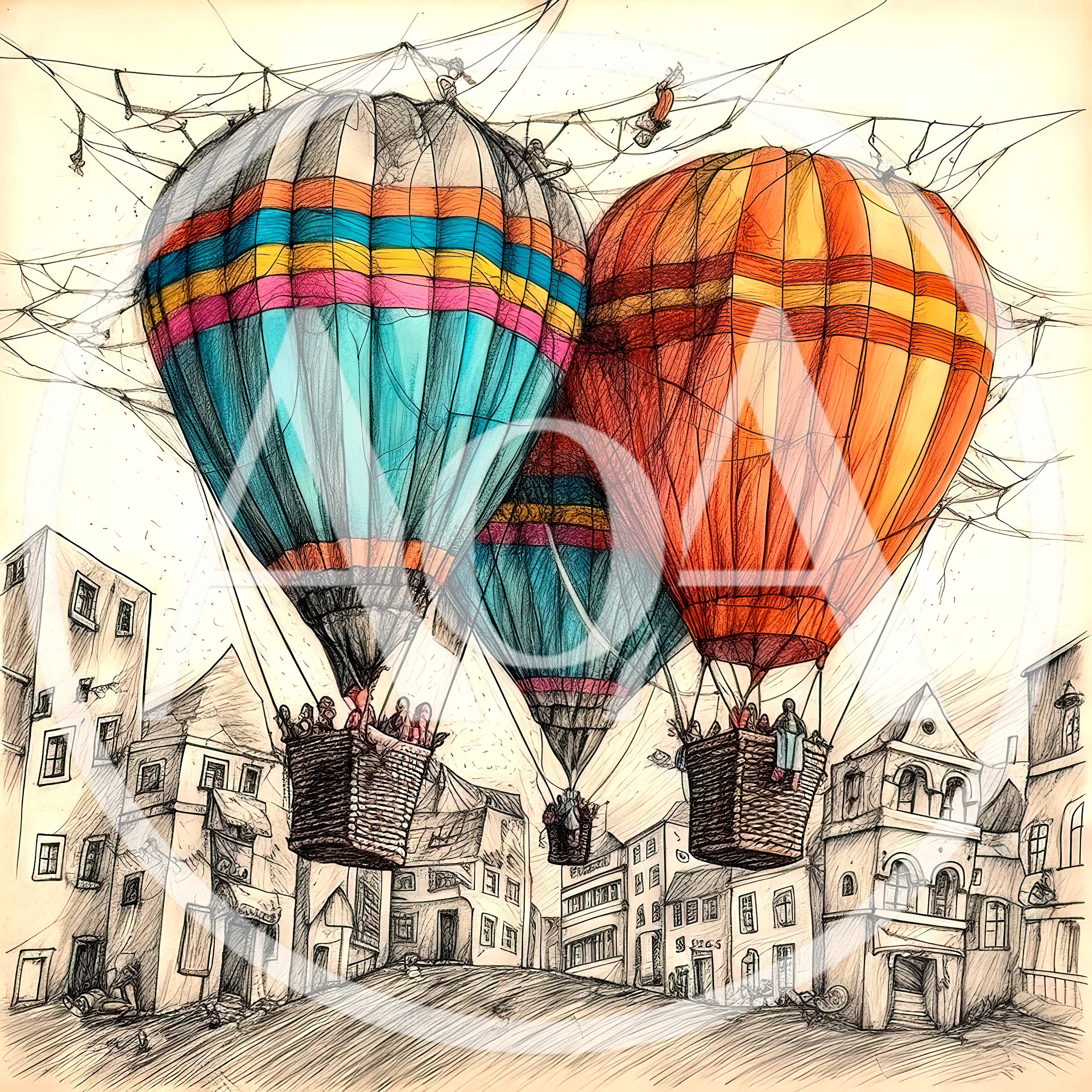 Three Hot Air Balloons Floating Over A European Town