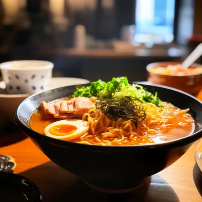 Bowl Of Traditional Japanese Ramen With Toppings