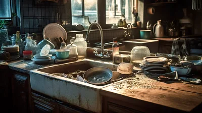 Cluttered Kitchen Sink With Dirty Dishes