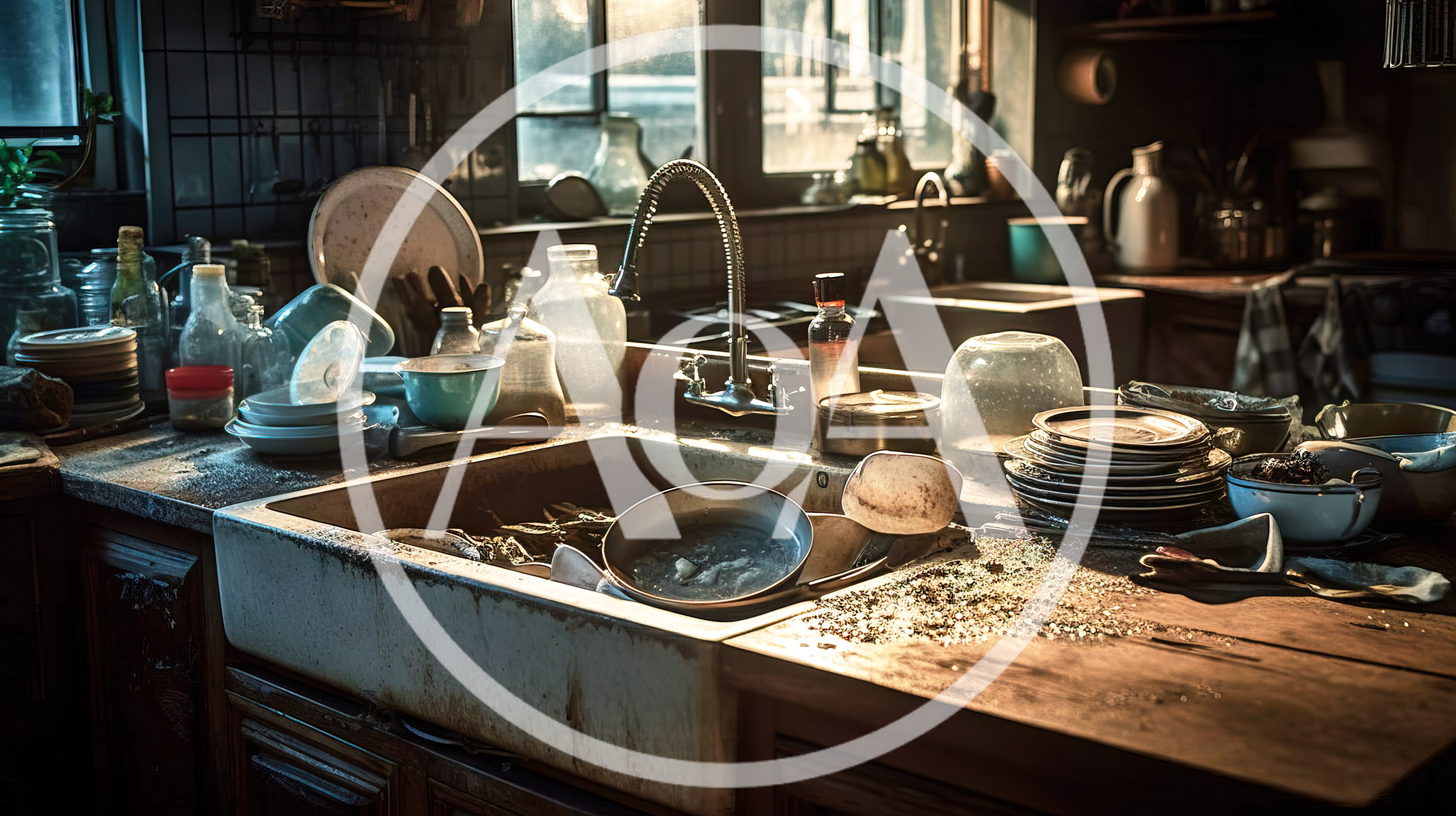 Cluttered Kitchen Sink With Dirty Dishes