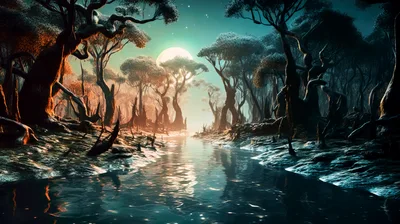 Ethereal Moonlit Forest River Landscape