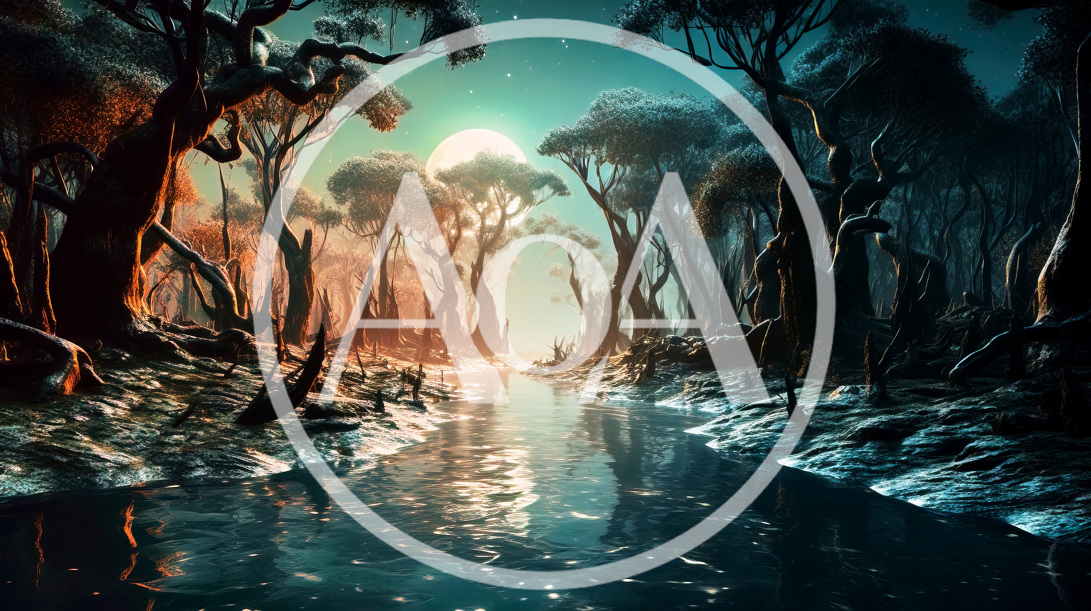 Ethereal Moonlit Forest River Landscape