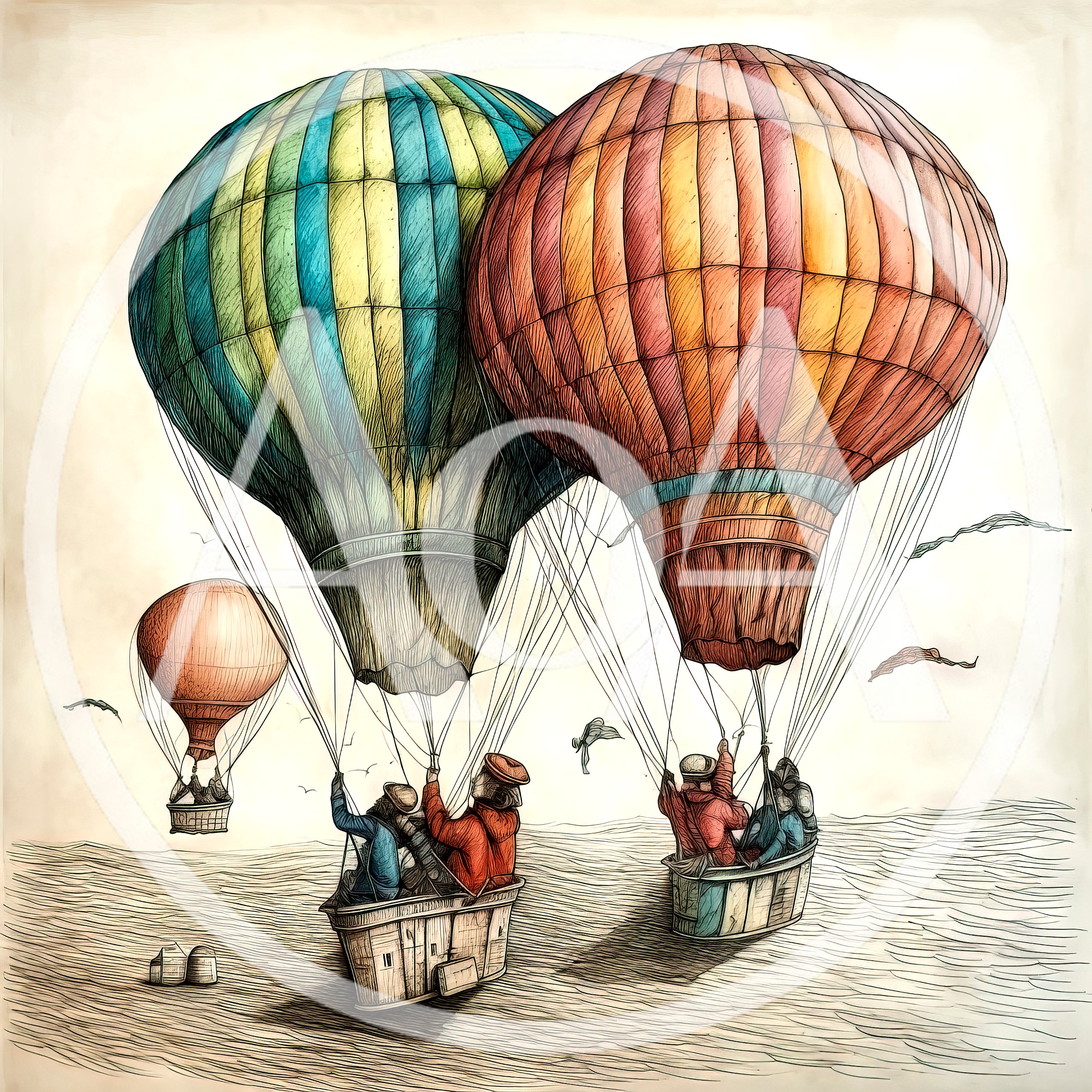 Whimsical Illustration Of Hot Air Balloons Over Ocean
