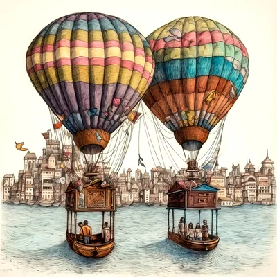 Whimsical Hot Air Balloon Boats Floating Over Ancient City