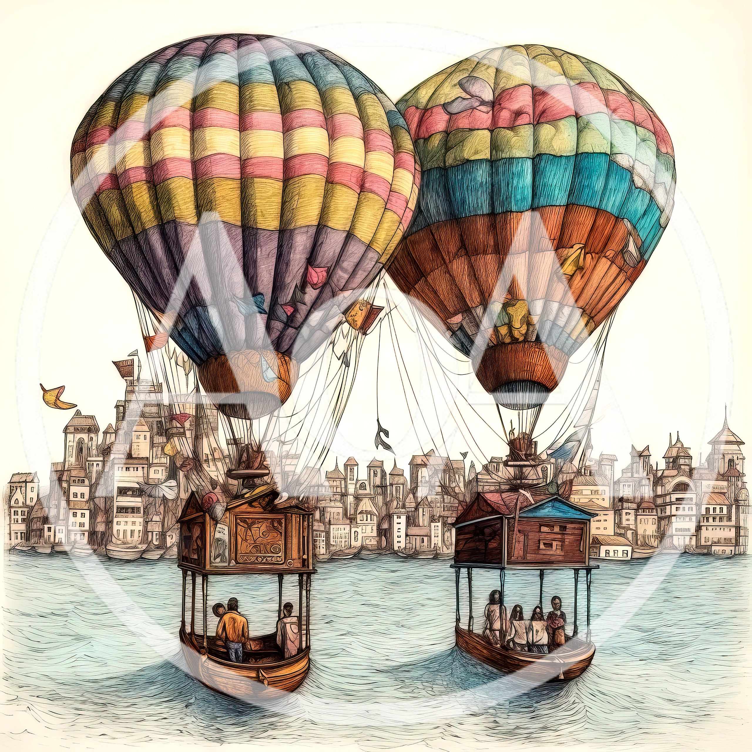 Whimsical Hot Air Balloon Boats Floating Over Ancient City