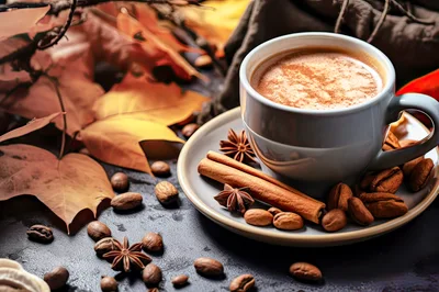 Cup Of Spiced Coffee With Autumn Leaves