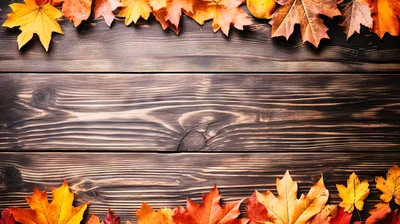Autumn Leaves Border on Dark Rustic Wooden Background