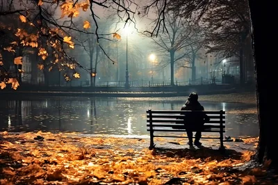 Person Sitting Alone On Park Bench At Night