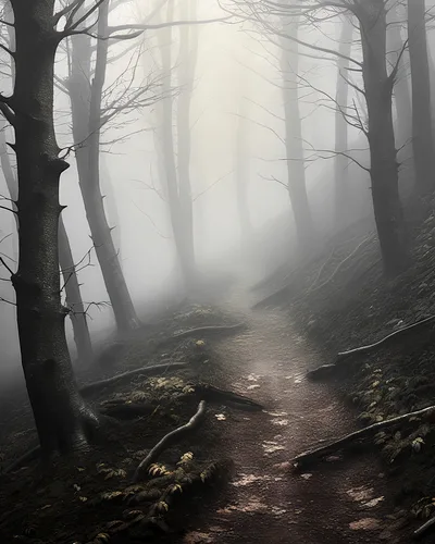 Misty Forest Path Through Dark Woodland