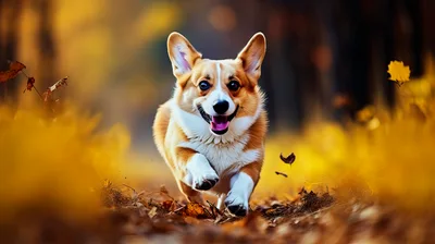 Happy Corgi Running Through Autumn Leaves