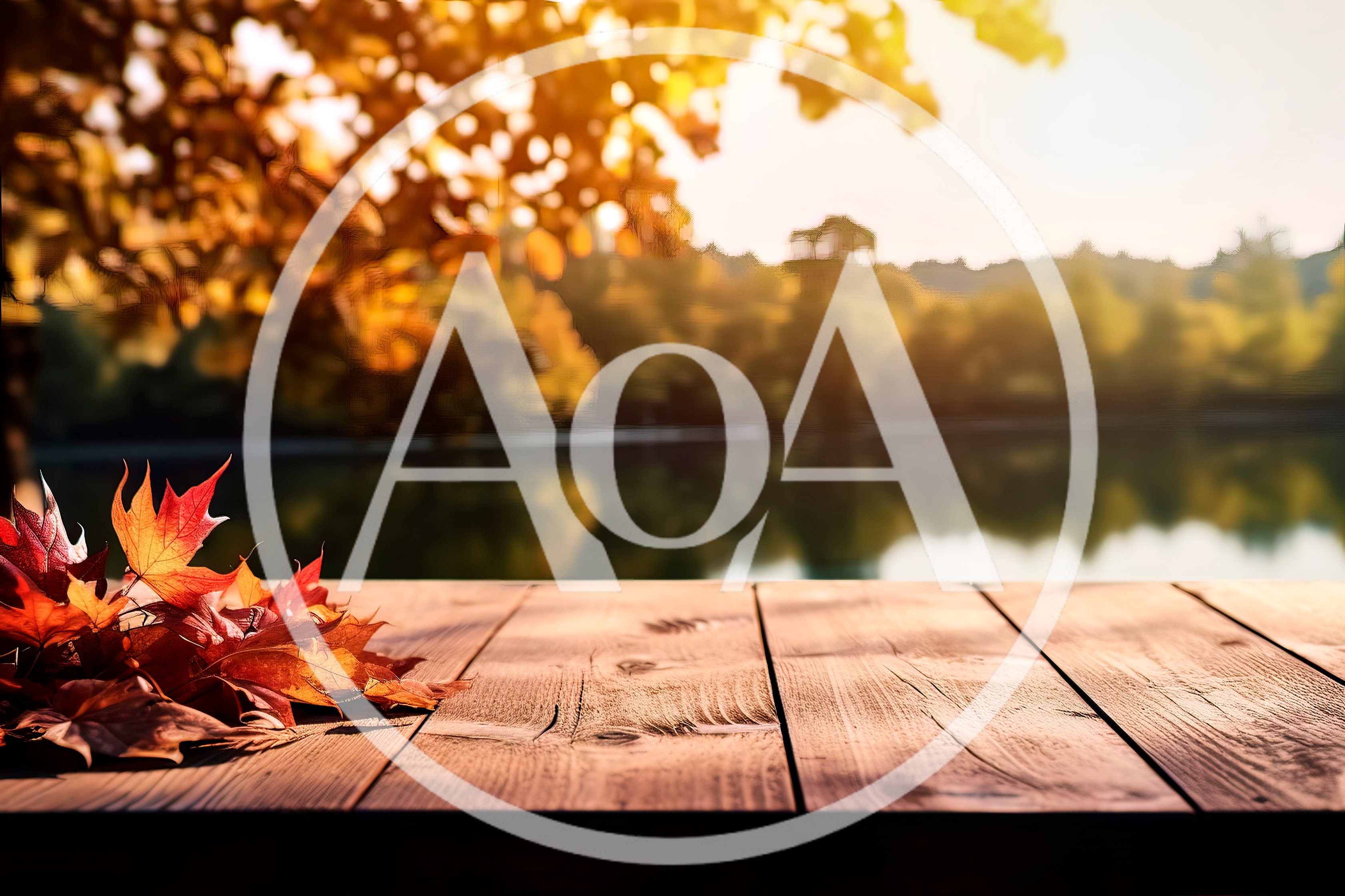 Autumn Leaves On A Wooden Table By A Lake