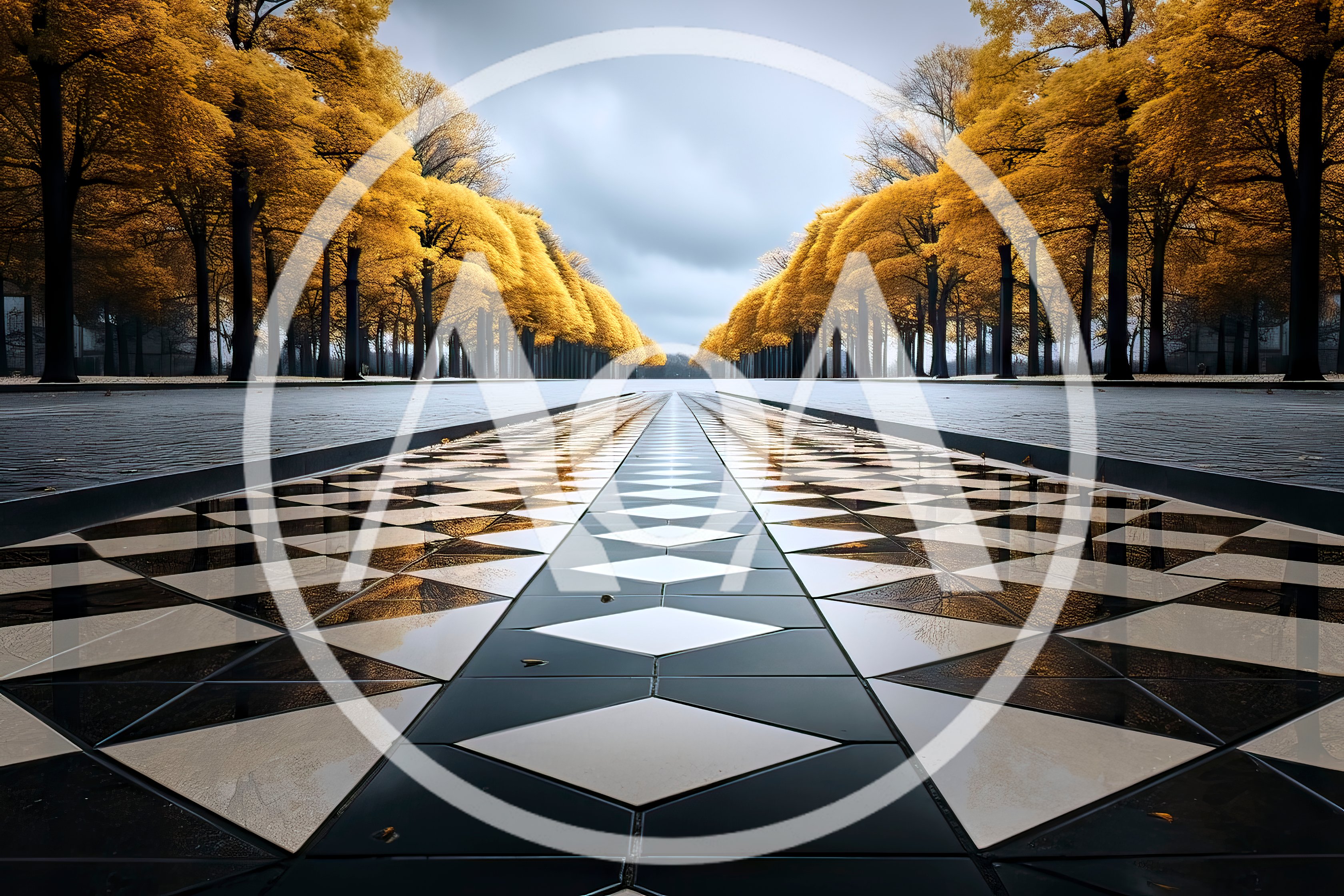 Symmetrical Path Through Autumn Trees With Geometric Tiling