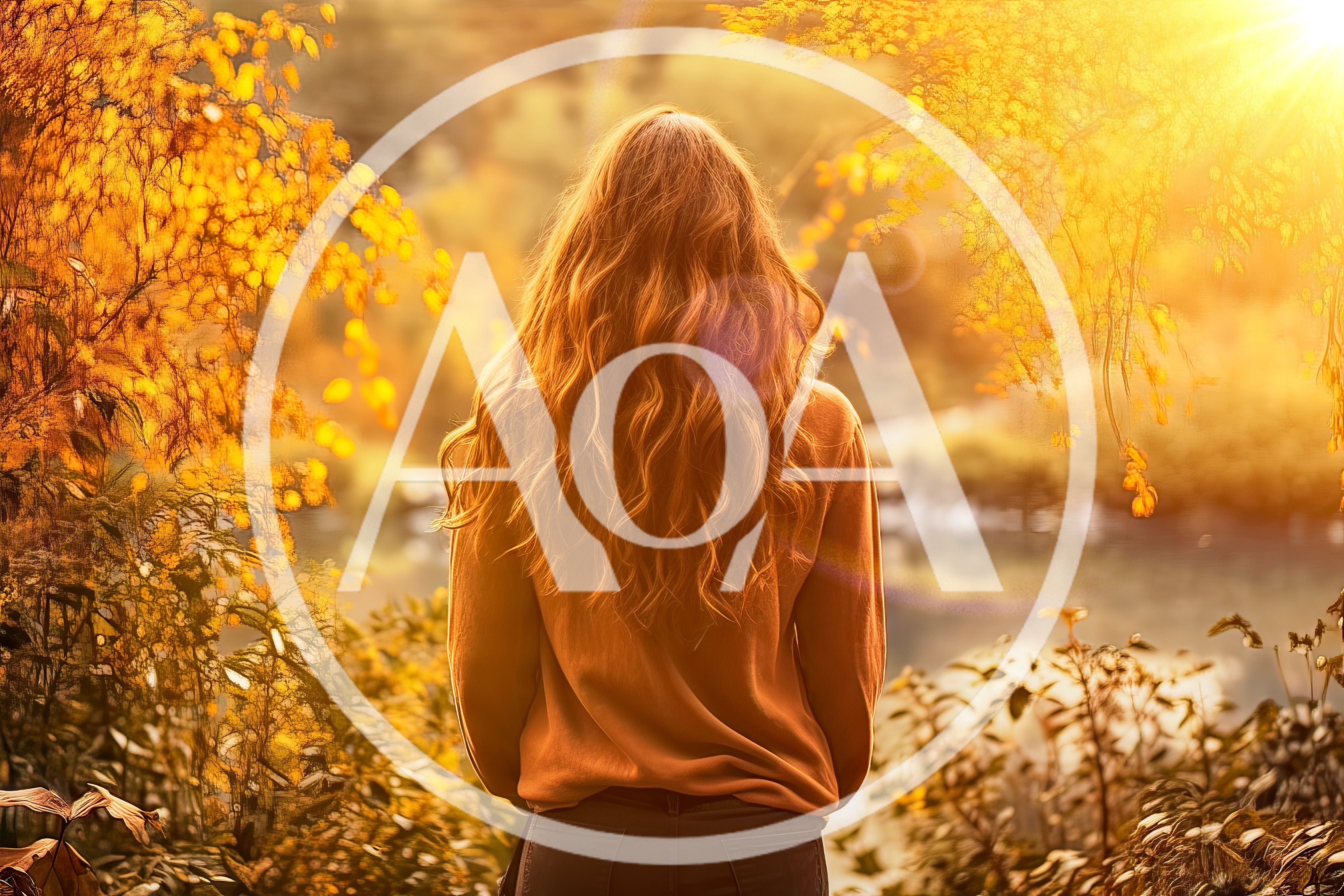 Woman With Long Wavy Hair Standing In Autumn Forest