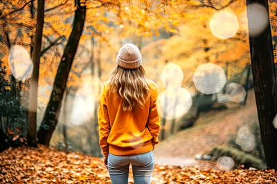 Woman Standing Alone In An Autumn Forest