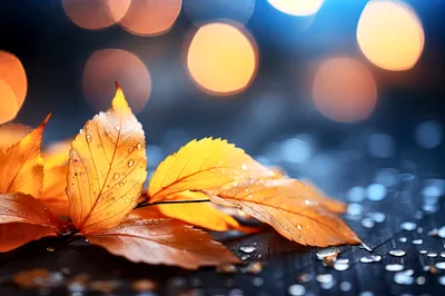 Autumn Leaves With Raindrops On Dark Wooden Surface