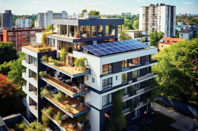 Modern Apartment Building With Green Terraces And Solar Panels